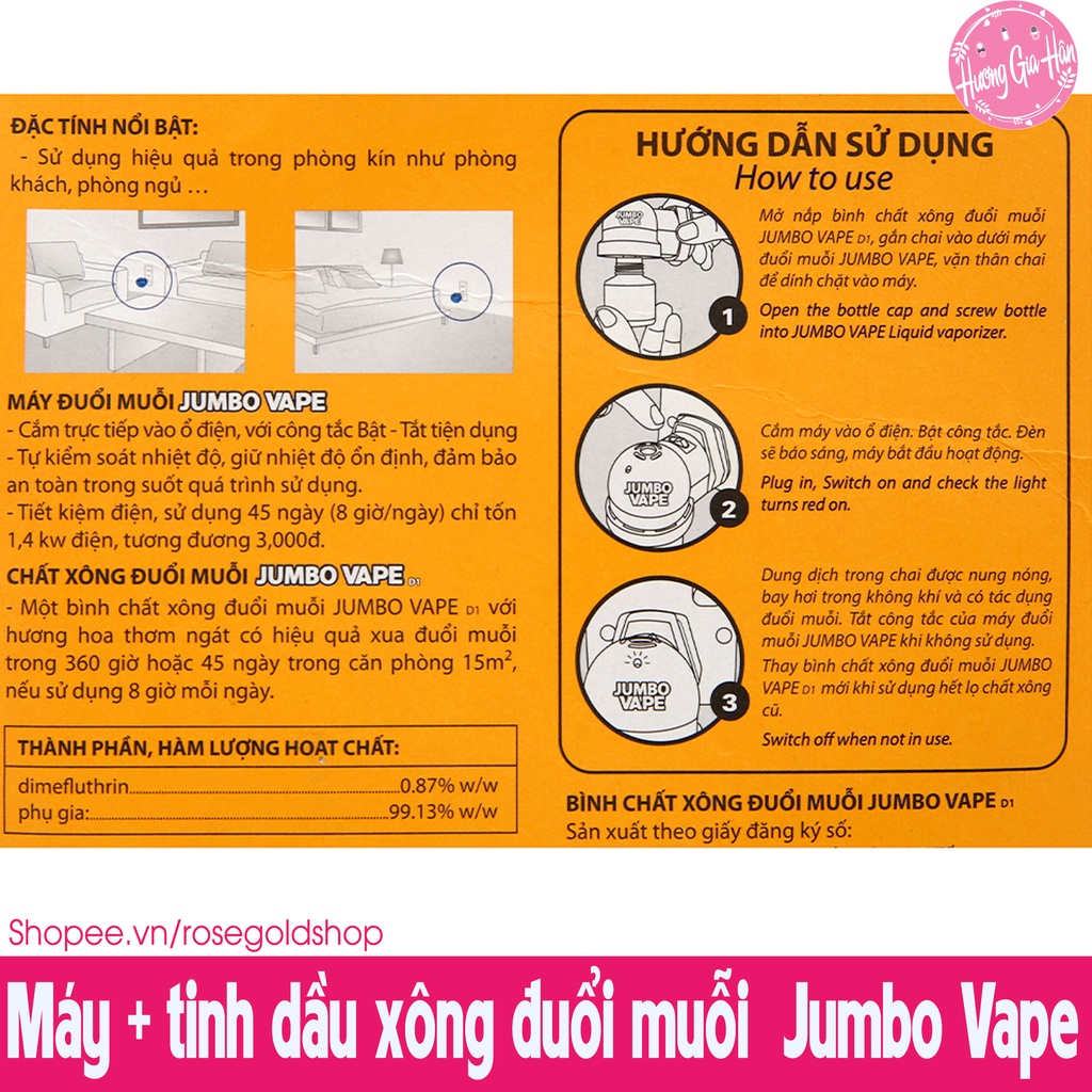 Combo Máy Xông Đuổi Muỗi &amp; Lọ Tinh Dầu Jumbo Vape - Sản Phẩm Không Thể Thiếu Khi Nhà Có Trẻ Con