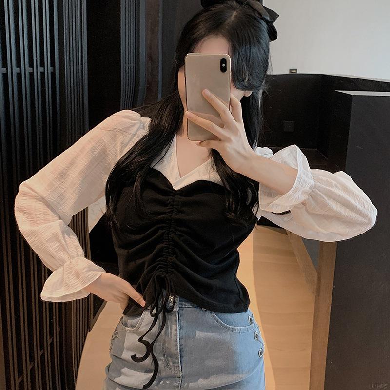 Áo Kiểu Tay Dài Cổ Chữ V Thời Trang Theo Phong Cách Hàn Quốc