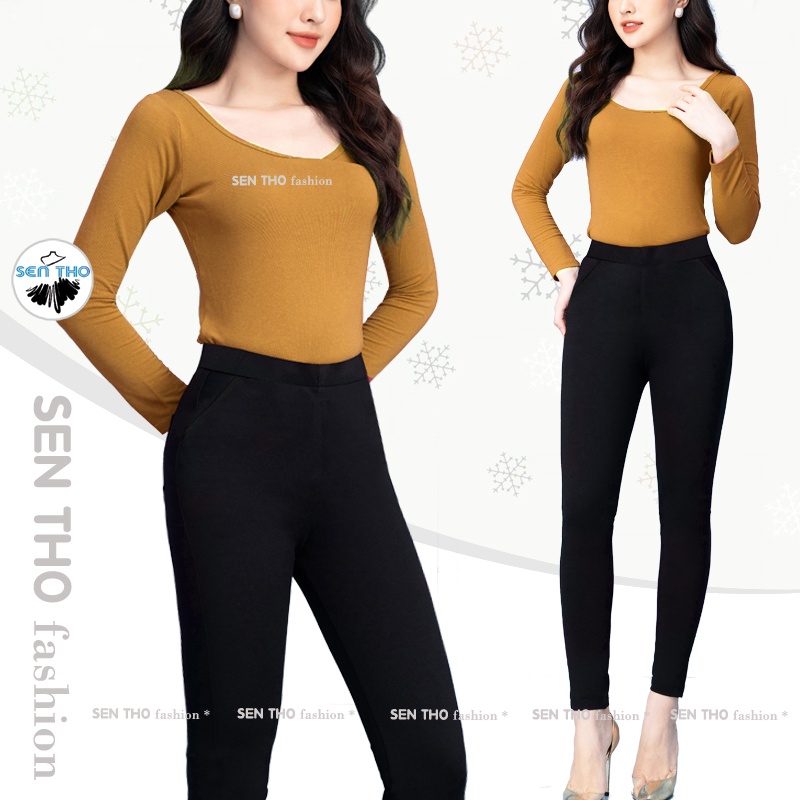 Quần Legging Nữ Nâng Mông Dáng Dài SenTho Lưng Cạp Cao Giữ Nhiệt tregging Thun Ôm Bó Vải Dày Dặn Bigsize Co Giãn