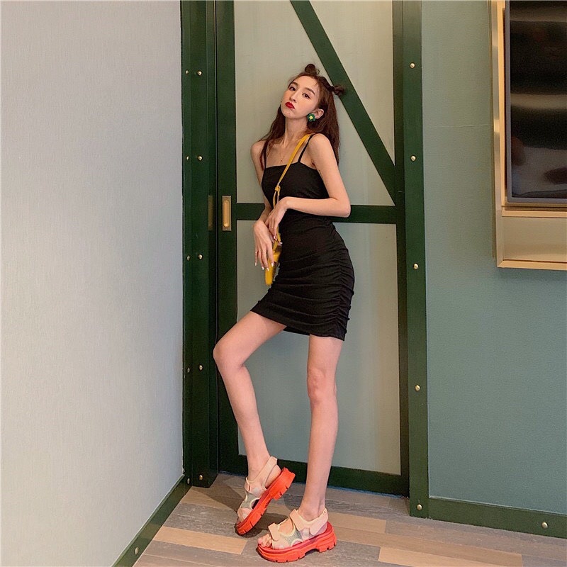 Đầm body nữ nhún hai dây, Váy body ngắn hai dây tôn dáng SUNA FASHION DN01