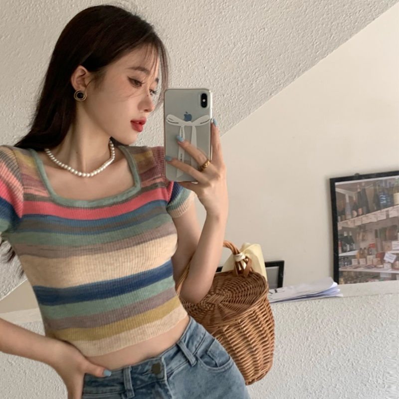 Áo Croptop Dệt Kim Tay Ngắn Cổ Vuông Họa Tiết Kẻ Sọc Nhiều Màu Sắc Phong Cách Retro Dành Cho Nữ