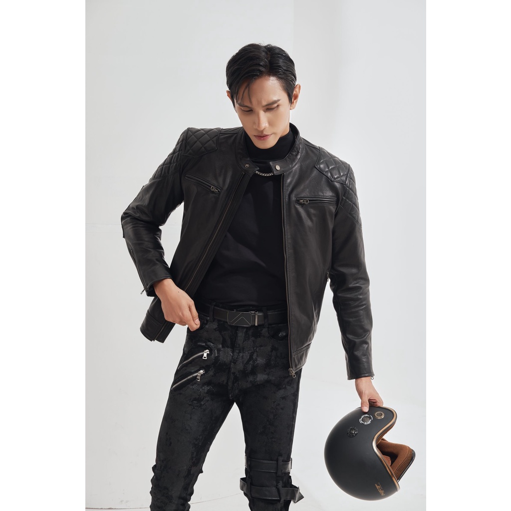 Áo khoác da nam FTT Leather Motor Jacket da dê hai khóa ngực trần trám vai 100% da thật