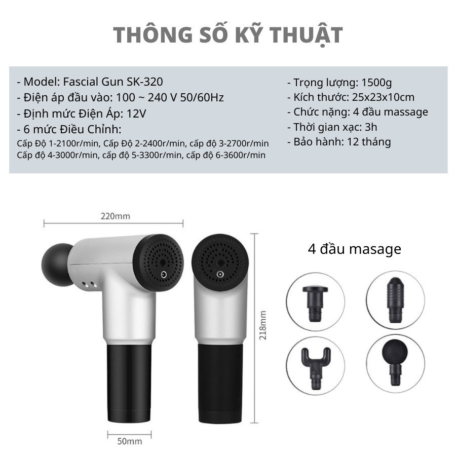 Máy Massage Cầm Tay Fascial Gun HG 320, 4 Đầu 6 Chế Độ - Máy Massage Toàn Thân Giảm Đau Cơ - Bảo Hành 12 Tháng