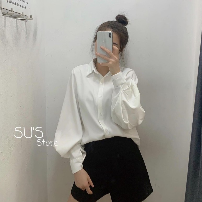 Áo Sơ Mi Tay Bồng Nhún Cổ Đức Cài Cúc Cực Xinh Freesize<53kg - A.115