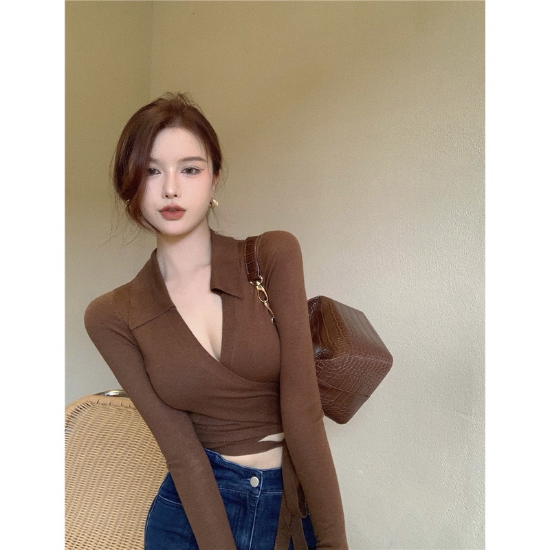 Áo dệt kim QKOOLE cổ chữ V phong cách cổ điển Hàn Quốc cho nữ