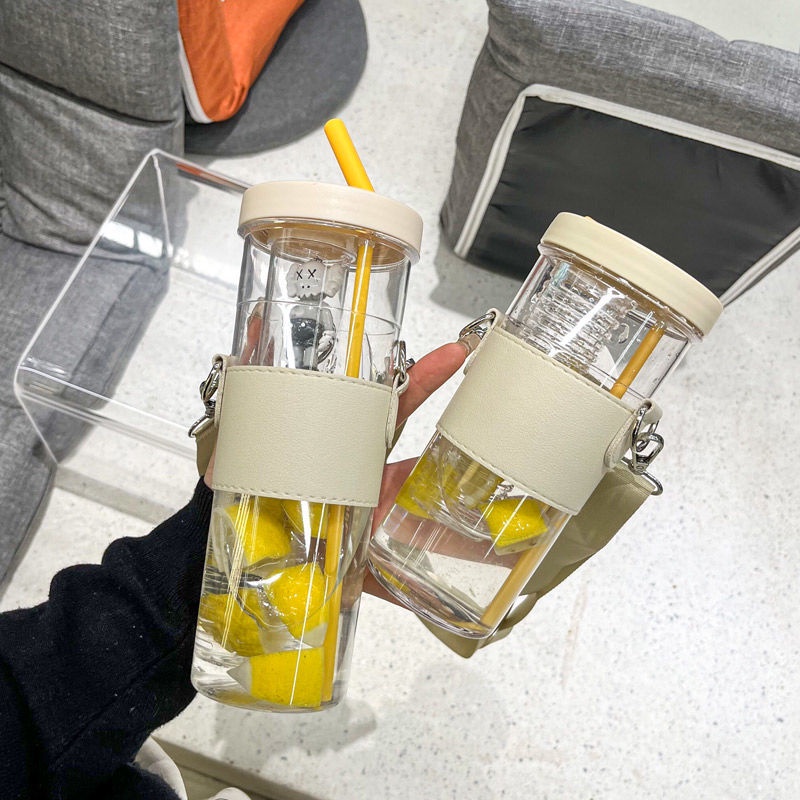 Bình Đựng Nước Bằng Nhựa Sức Chứa Lớn Có Ống Hút In Họa Tiết Trái Cây / Trà Trái Cây