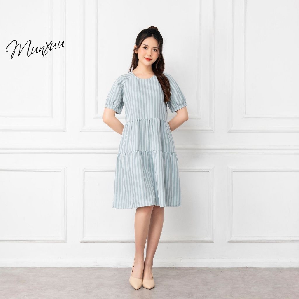 Váy babydoll tay ngắn kẻ sọc xanh MUNXUU dáng suông xếp tầng xòe nhẹ nhàng - V07