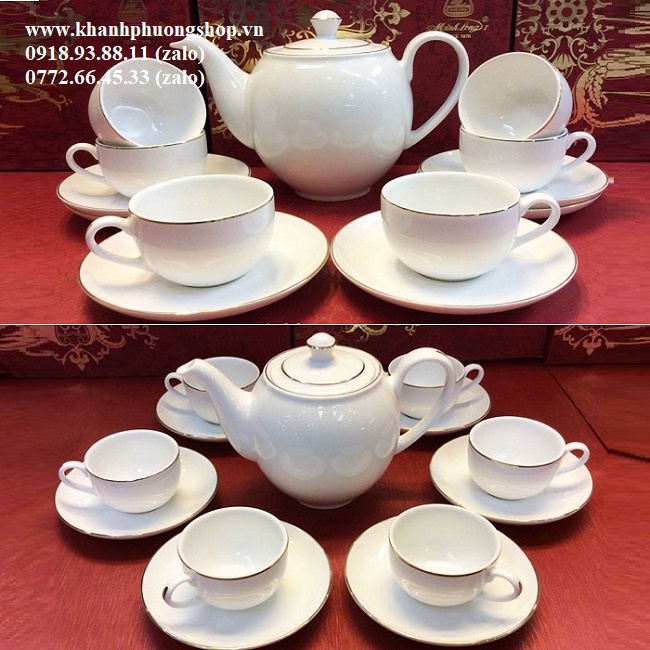bộ bình tách trà sứ Minh Long chỉ vàng - bộ bình tách trà Minh Long chỉ vàng