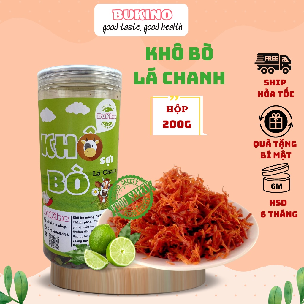 Khô bò lá chanh sợi dài BUKINO hộp 200gr, đồ ăn vặt khô bò thơm ngon an toàn vệ sinh thực phẩm Hà Nội, ship hỏa tốc