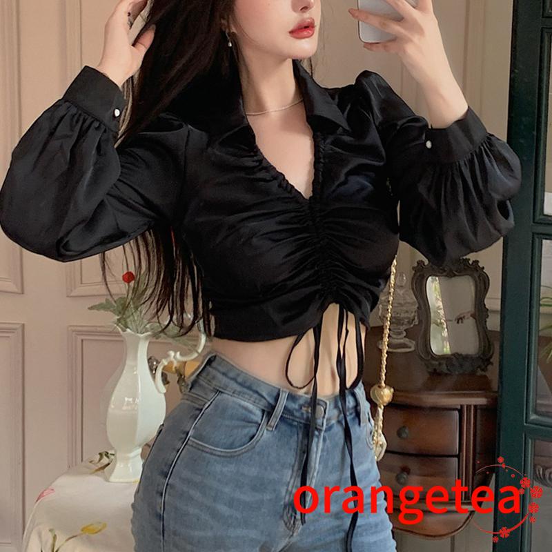 Áo Thun Crop Top Tay Dài Phồng Cổ Chữ V Màu Trơn Phối Dây Rút Phía Trước Cho Nữ