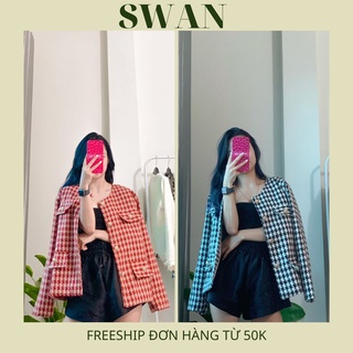 Freeship áo khoác dạ tweed kẻ đen, đỏ hàng loại 1