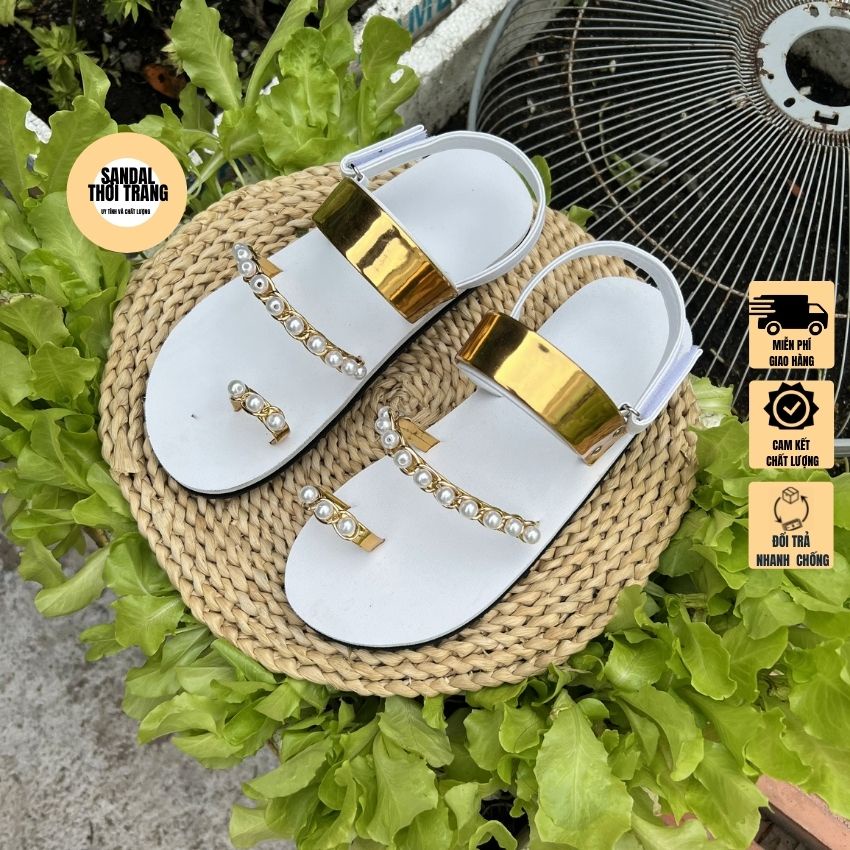 Giày sandal nữ xỏ ngón đế bệt bóng vàng đính đá full size 30-42 nữ SADNALTHOITRANG