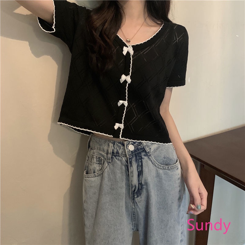 Áo Dệt Kim Tay Ngắn Cổ Chữ V Thời Trang Mùa Hè Cho Nữ