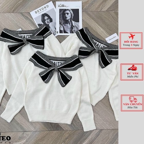 Áo len nơ trễ vai nữ màu đen trắng dài tay ulzzang hàn quốc thời trang yolo fashion