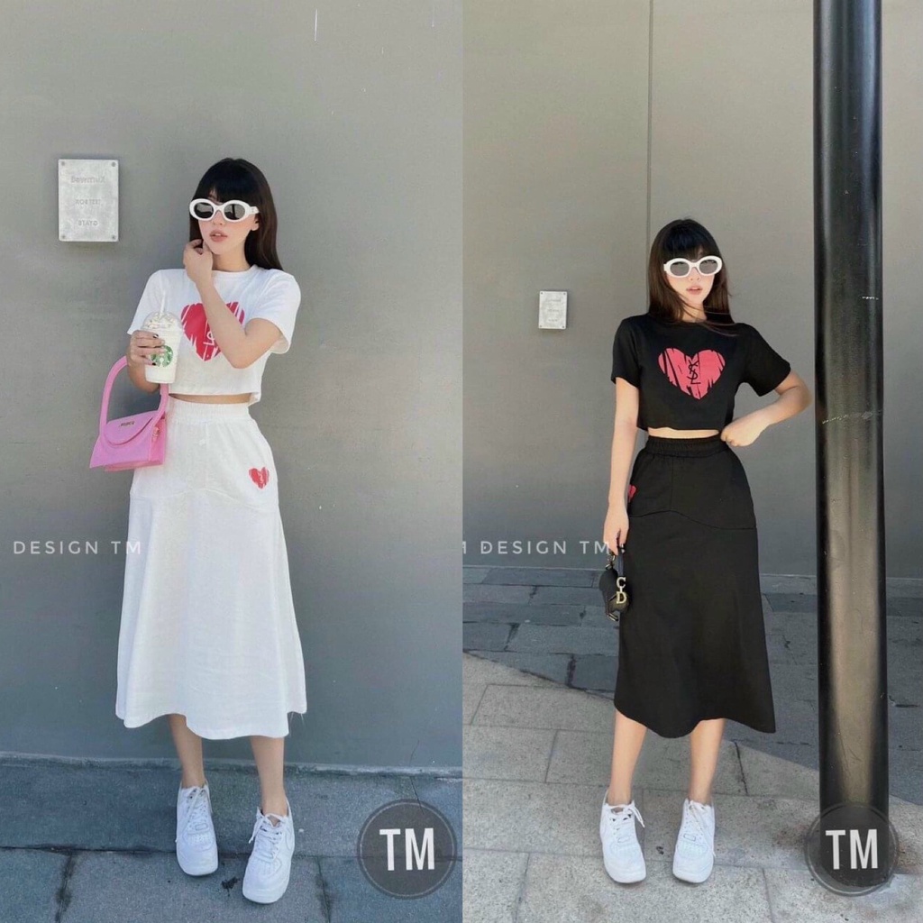 COMBO SET BỘ THỜI TRANG NỮ CÁ TÍNH, ÁO PHÔNG NGẮN TAY KẾT HỢP CHÂN VÁY DÀI