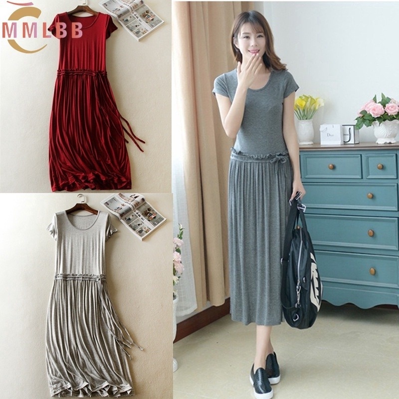 Đầm Tay Ngắn Cổ Tròn Màu Trơn Dáng Rộng Thời Trang Xinh Xắn Cho Nữ