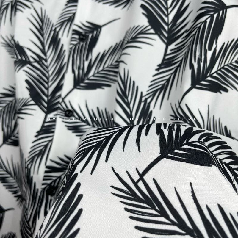 Áo sơ mi cộc tay unisex form rộng họa tiết TRẮNG LÁ ĐEN cho nam nữ | DUYHI