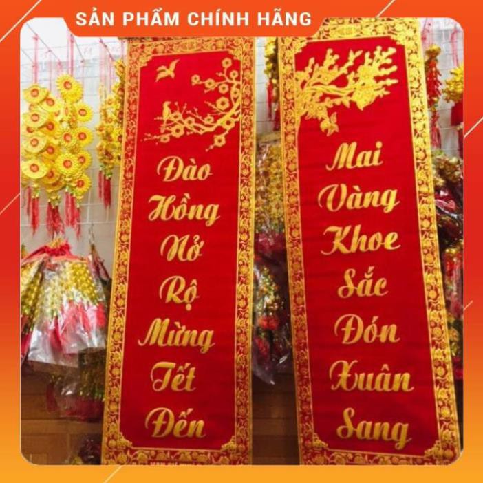 1 đôi câu đối đỏ, liễng trang trí tết 35x100cm in chữ Việt Nam làm từ vải nhung đẹp