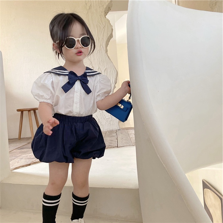 Bộ Áo Sơ Mi Cổ Bẻ + Quần Dài Kiểu Hải Quân Thiết Kế Dễ Thương Cho Bé Gái