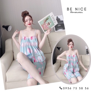 Set lụa latin mặc nhà dây xếp li lửng, Be Nice Homewear