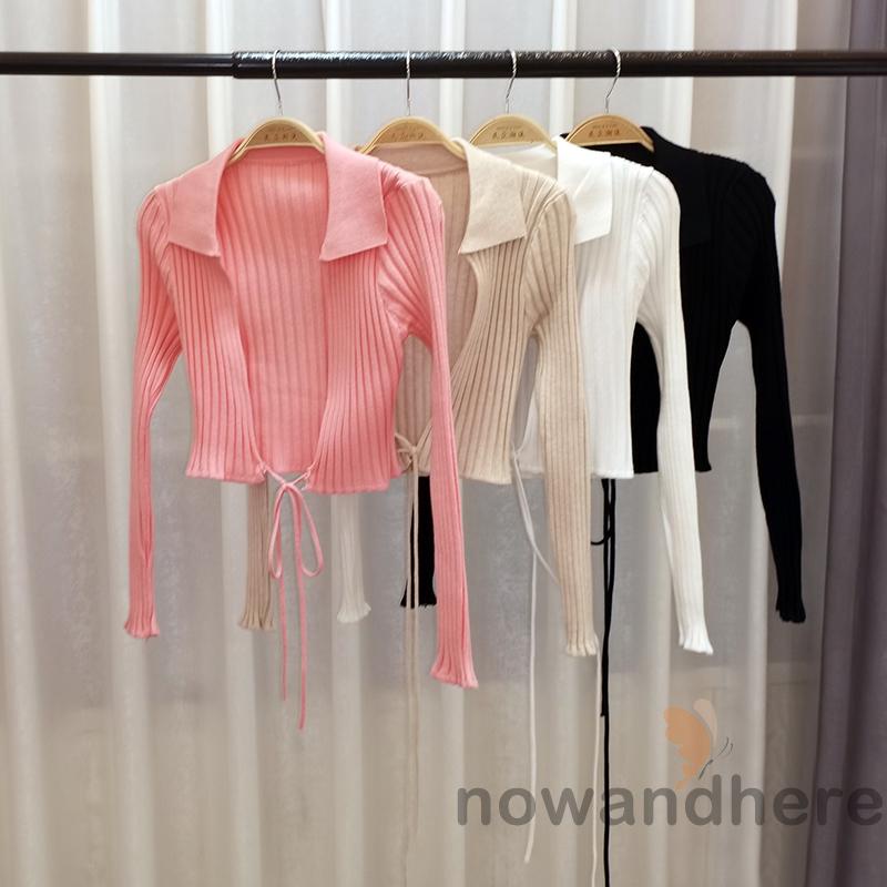 Áo Thun Nữ Cổ Bẻ Tay Dài Cột Dây Màu Trơn / Trắng / Mơ / Hồng Xinh Xắn