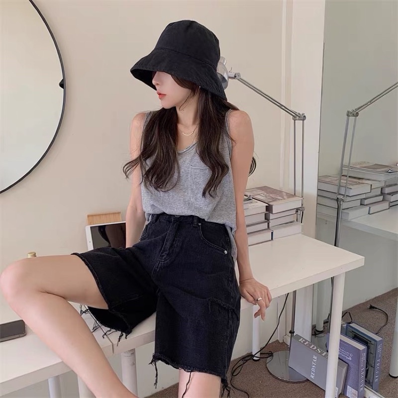 Quần short jean nữ ống rộng Nút Hông Ulzzang màu đen xám | BigBuy360 - bigbuy360.vn