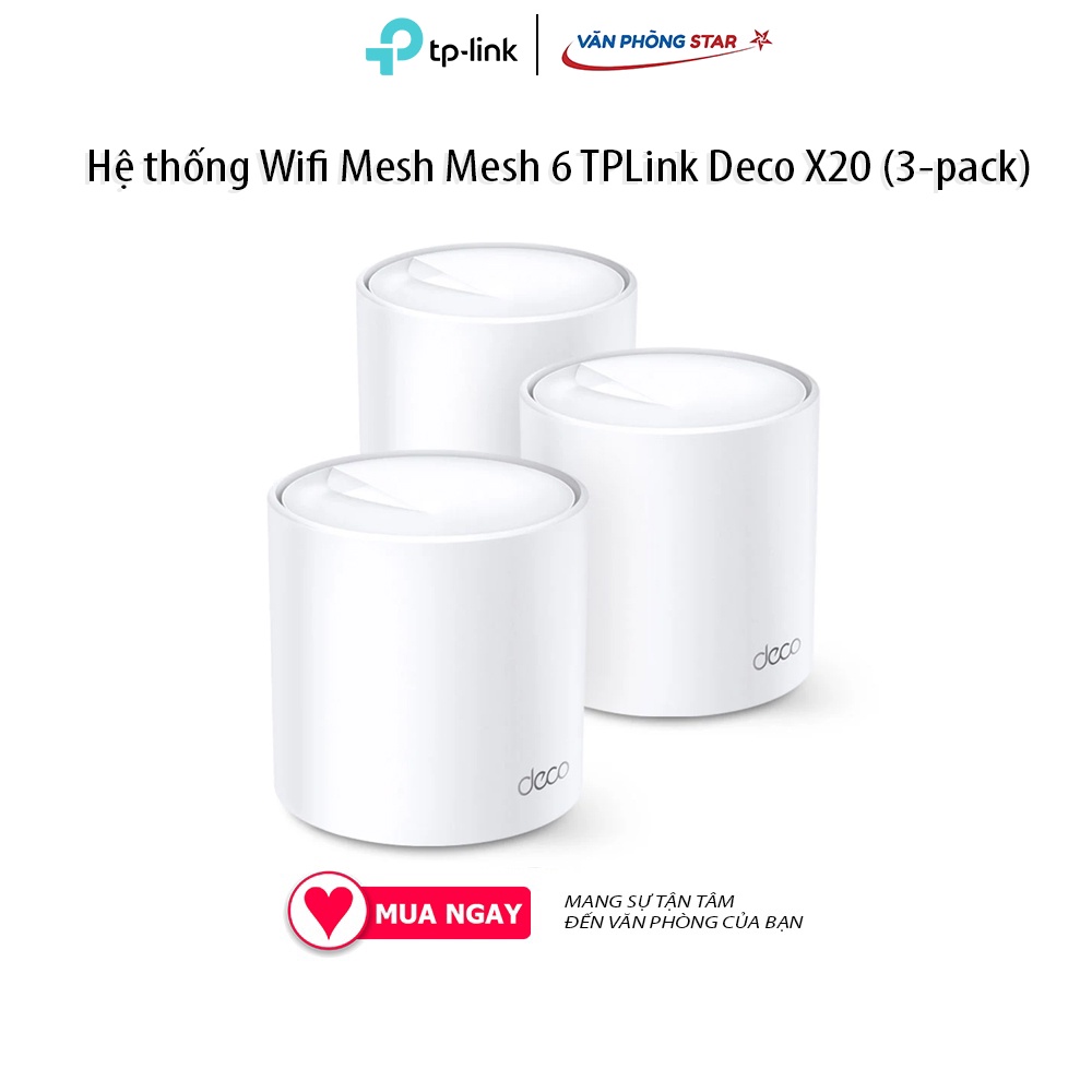 Wifi Mesh Mesh 6 TPLink Deco X20 (3-pack) Chuẩn kết nối: 802.11 a/b/g/n/ac/ax Tốc độ 2.4GHz: 574Mbps; 5.0GHz: 1201Mbps
