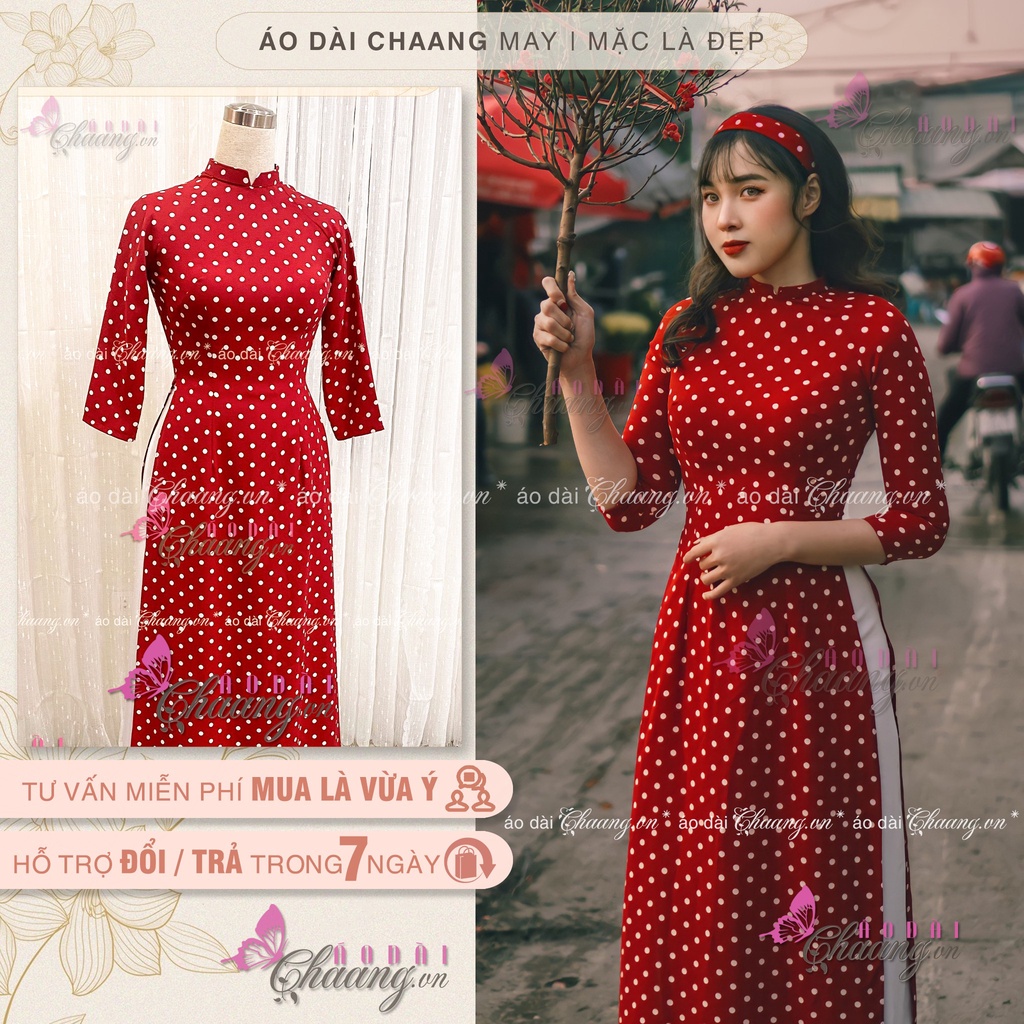 Áo dài chấm bi đỏ - Áo dài lụa cao cấp thiết kế truyền thống cổ vuông tay lỡ đẹp thumbnail