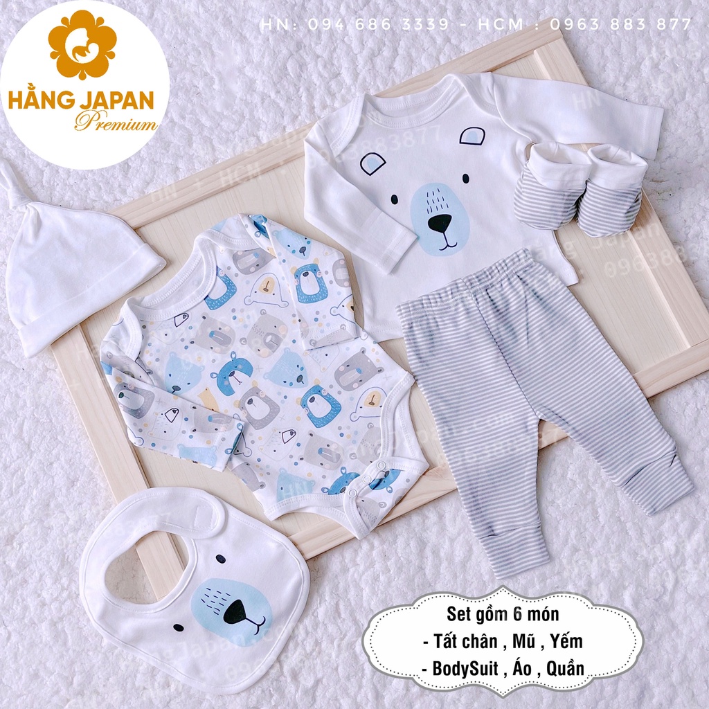 Set đồ sơ sinh 6 chi tiết Gem Look cho bé gồm bộ body, bộ quần áo, mũ, yếm, bao chân cotton organic hàng Úc