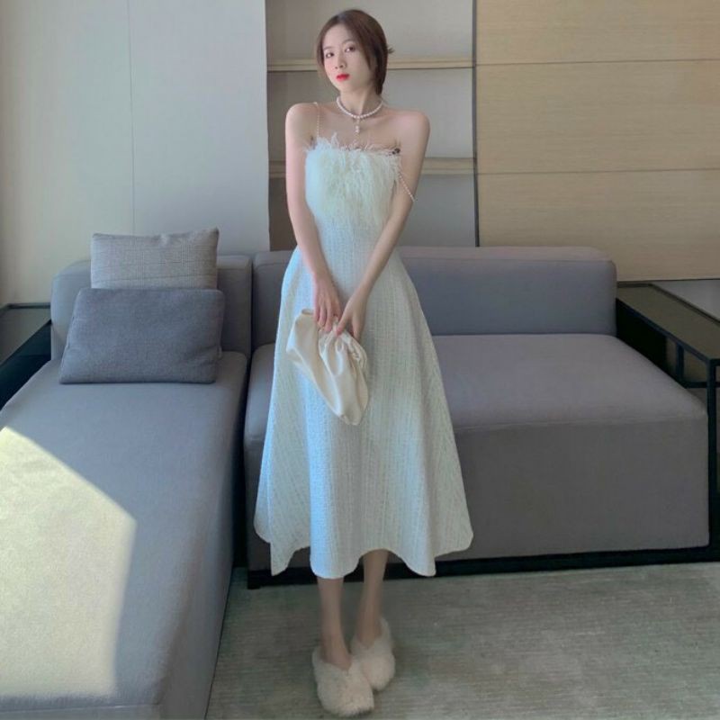 ĐẦM / VÁY NỮ HAI DÂY QUÂY TRẮNG PROM ĐI DỰ TIỆC DÁNG XUÔNG SANG CHẢNH