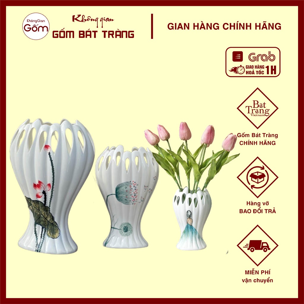 Lọ hoa tay phật, Bình hoa sứ Bát Tràng dáng bàn tay Phật hoạ tiết vẽ