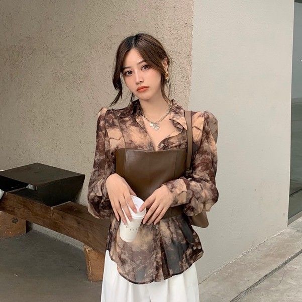 Set Áo Sơ Mi Chiffon Màu Gradient + Áo Hai Dây Da Thời Trang Cho Nữ