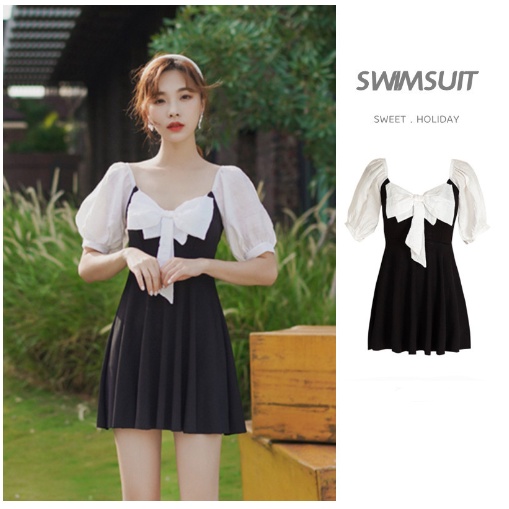Bikini/váy bơi liền tay lửng phối nơ ngực phong cách tiểu thư kín đáo đi bơi đi biển hè M22