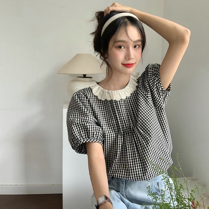 Áo Sơ Mi Tay Ngắn Cổ Tròn Phối Ren Thời Trang Hàn Quốc Dành Cho Nữ