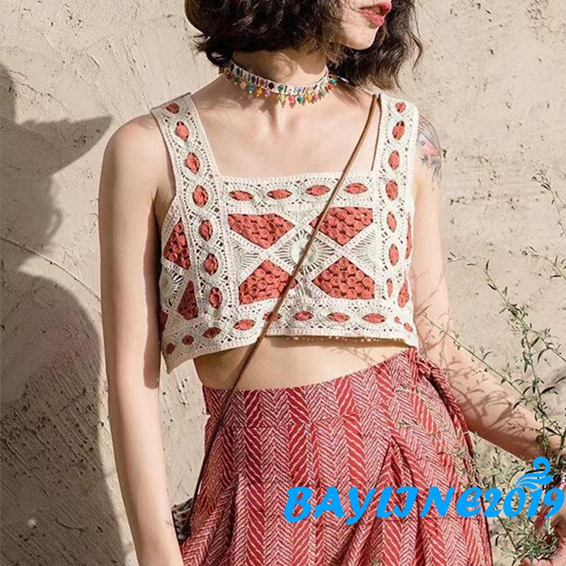 Áo Lửng Không Tay Cổ Vuông Phong Cách Bohemian Quyến Rũ Dành Cho Nữ