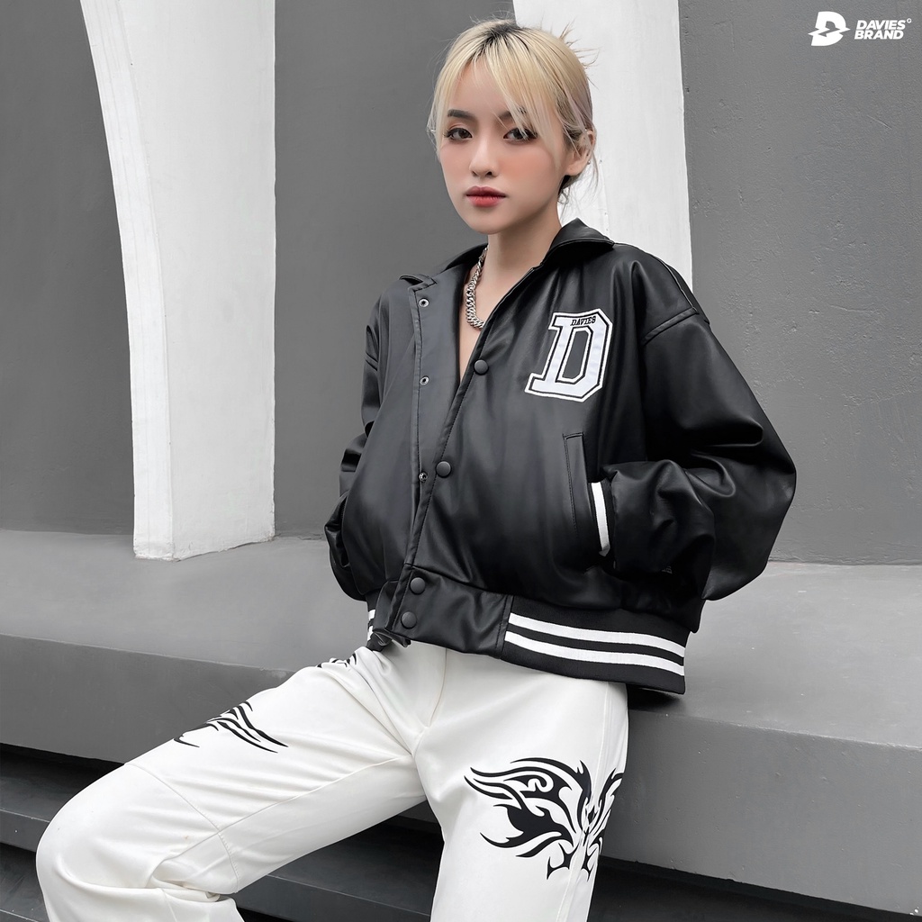 Áo khoác da nữ dáng ngắn local brand Davies Leather Cropped Varsity Jacket