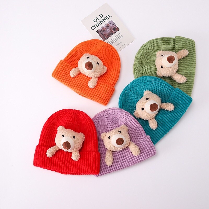 Mũ len mũ beamin đính gấu cute cho bé nhiều màu sắc