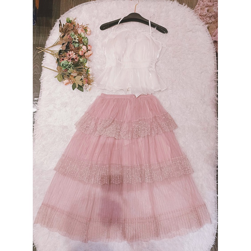 Chân váy dáng xòe màu hồng 3 tầng ren lưới bánh bèo tiểu thử teen girl đẹp giá rẻ cạp chun