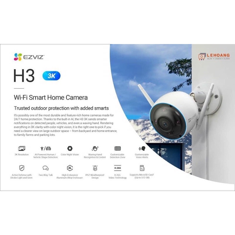 Camera Wifi EZVIZ H3 5Mpx 3K QuadHD Rất nét, Có thể Zoom 8X khi xem, Góc rộng, Nhìn rõ mọi chuyển động