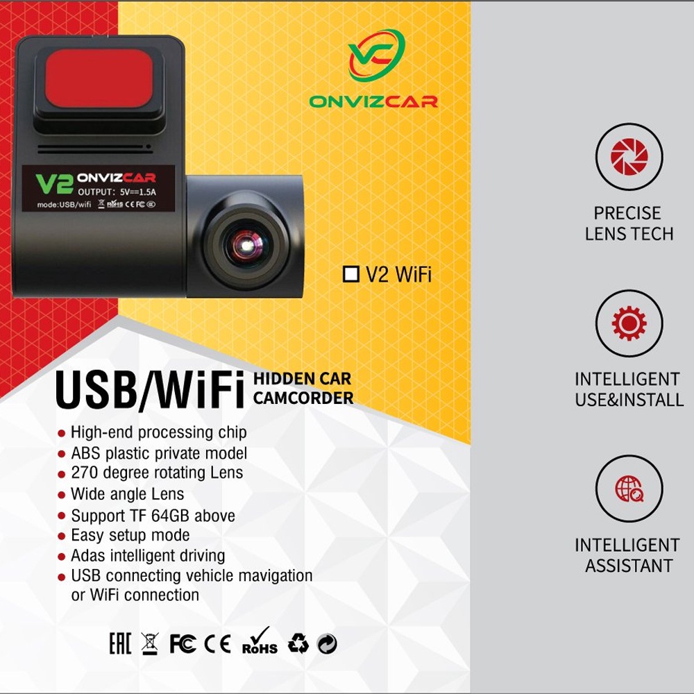 Camera Hành Trình ONVIZCAR V2 Kết Nối Wifi, Độ Phân Giải 1080P, Xem Trực Tiếp Video trên điện thoại qua wifi