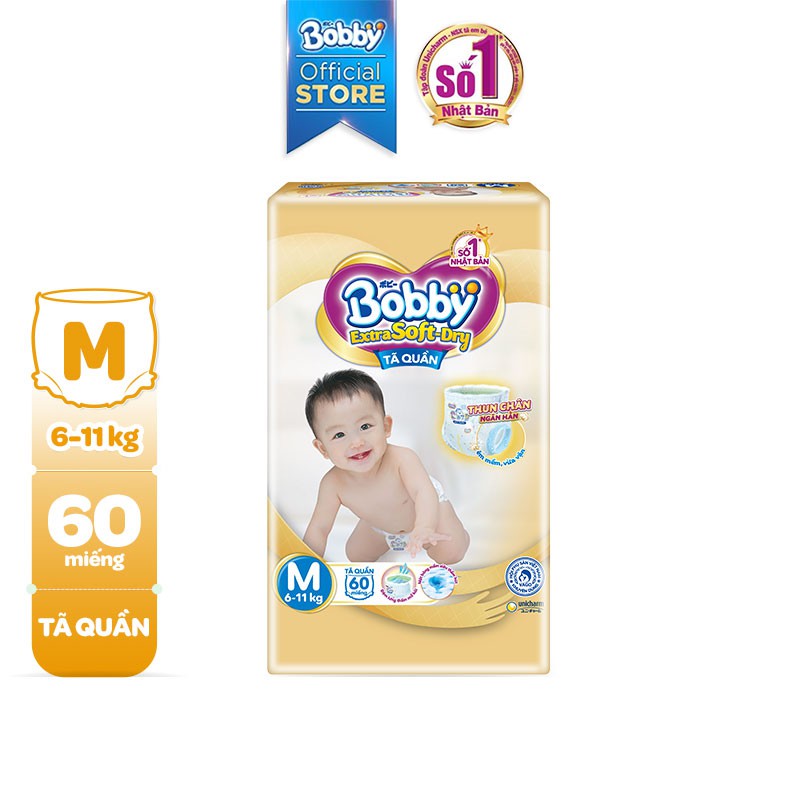 Tã Quần Cao Cấp Bobby Extra Soft Dry - Thun Chân Ngăn Hằn S70/M64/M60/L56/L52/XL50/XL46/XXL46/XXL42