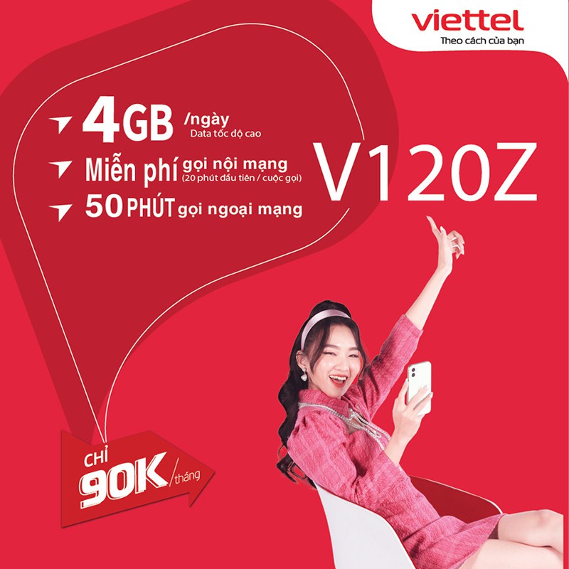 [Free 30 ngày] Sim 4G Viettel V120 (V90 cũ) - 60GB/tháng (2GB/ngày), miễn phí nội mạng, miễn phí 50 phút ngoại mạng.