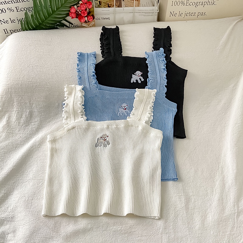 Áo Tank Top Dệt Kim Hoạ Tiết Thêu Thiết Kế Ngọt Ngào