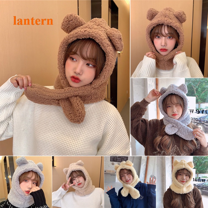 Mũ Trùm Đầu Che Tai Giữ Ấm Mùa Đông Bằng Vải Bông Dày Dặn Hình Gấu Lồng Đèn + Khăn Choàng Cổ Cho Nữ