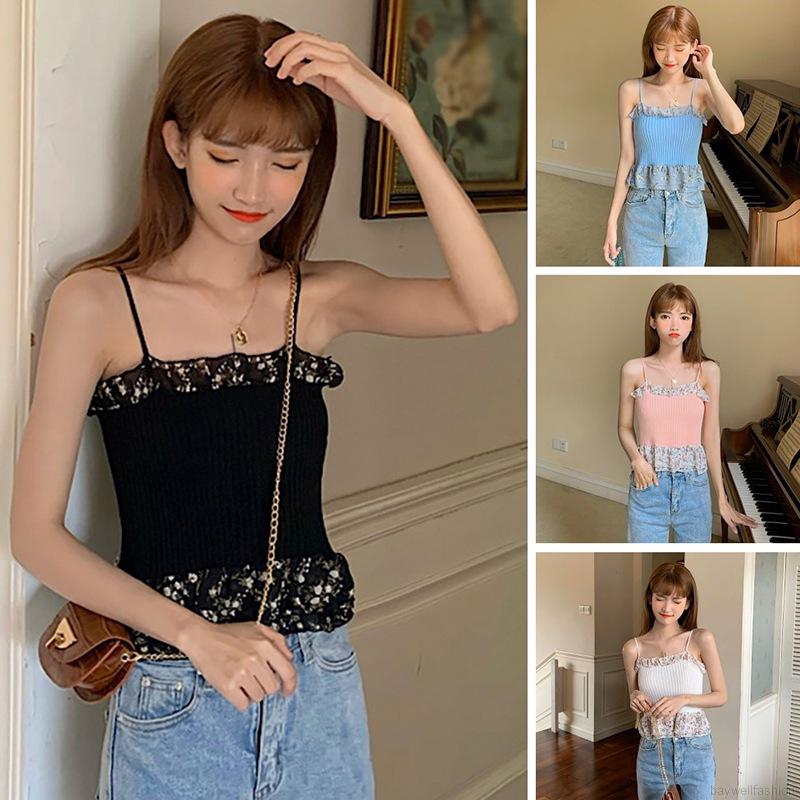 [Baywellfashion]Floral Stitching Knitted Sweater Bottoming Small Camisole