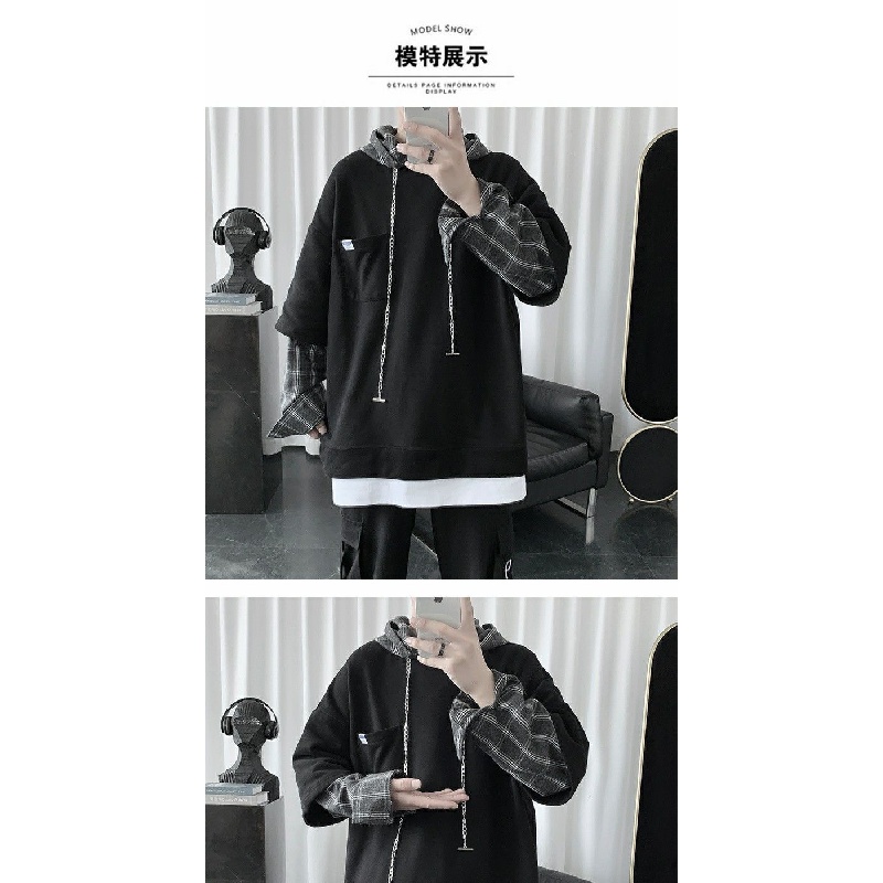 Áo Hoodie Giả Nhiều Lớp Họa Tiết Sọc Caro Trẻ Trung Cho Nam