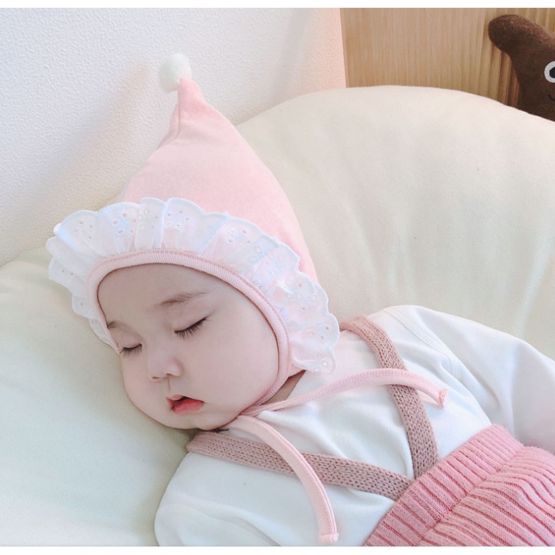 Mũ cotton cho bé dáng chóp viền ren (0-12m)