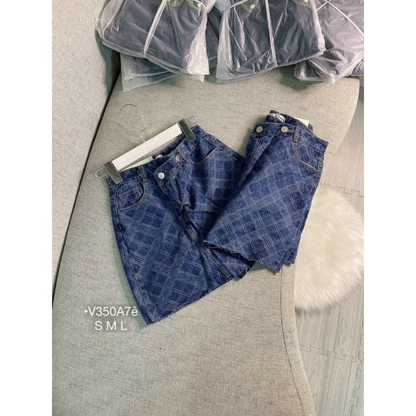 QUẦN VÁY NỮ VÁY JEANS HỌA TIẾT KẺ SỌC LƯNG CAO FORM A KÈM QUẦN TRONG