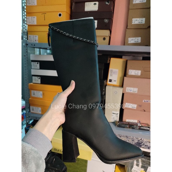 Bốt gối nữ da lì xích mũi vuông khoá sau siêu hot đen nâu trắng kem