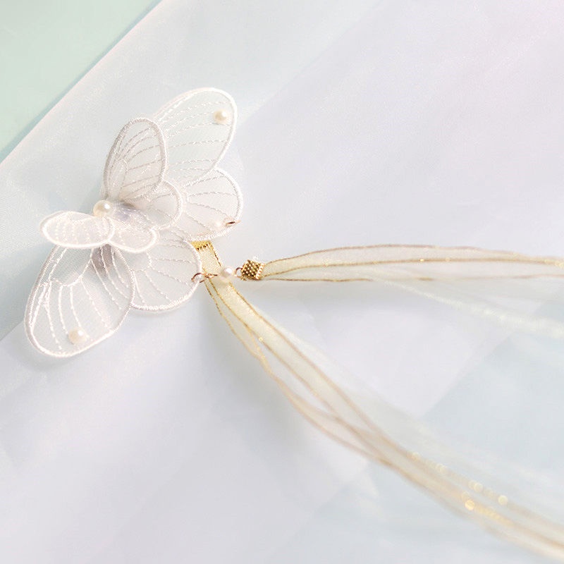 Kẹp Tóc Hình Bướm Phối Dây Ruy Băng Tua Rua Lưng Phong Cách Cổ Điển